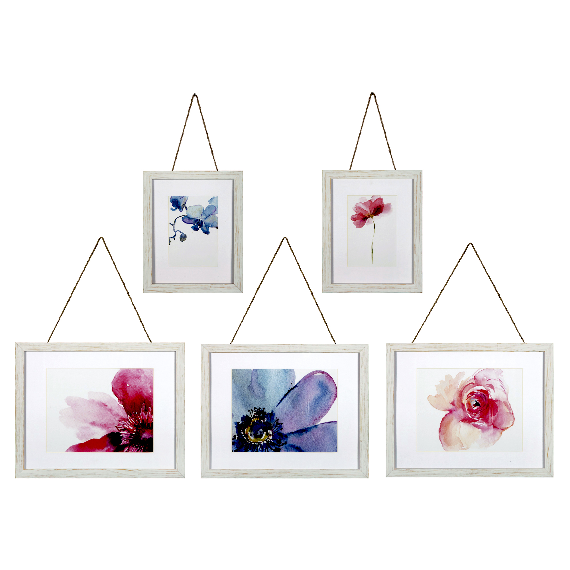 Set of 5 Piece Distressed White Rope Hanging Photo Frames Wall Gallery
