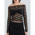 thumbnail image 3 of Musuos Women Floral Lace Crop Tops Sheer Off-Shoulder Long Sleeve Shirt Casual Pullovers, 3 of 10