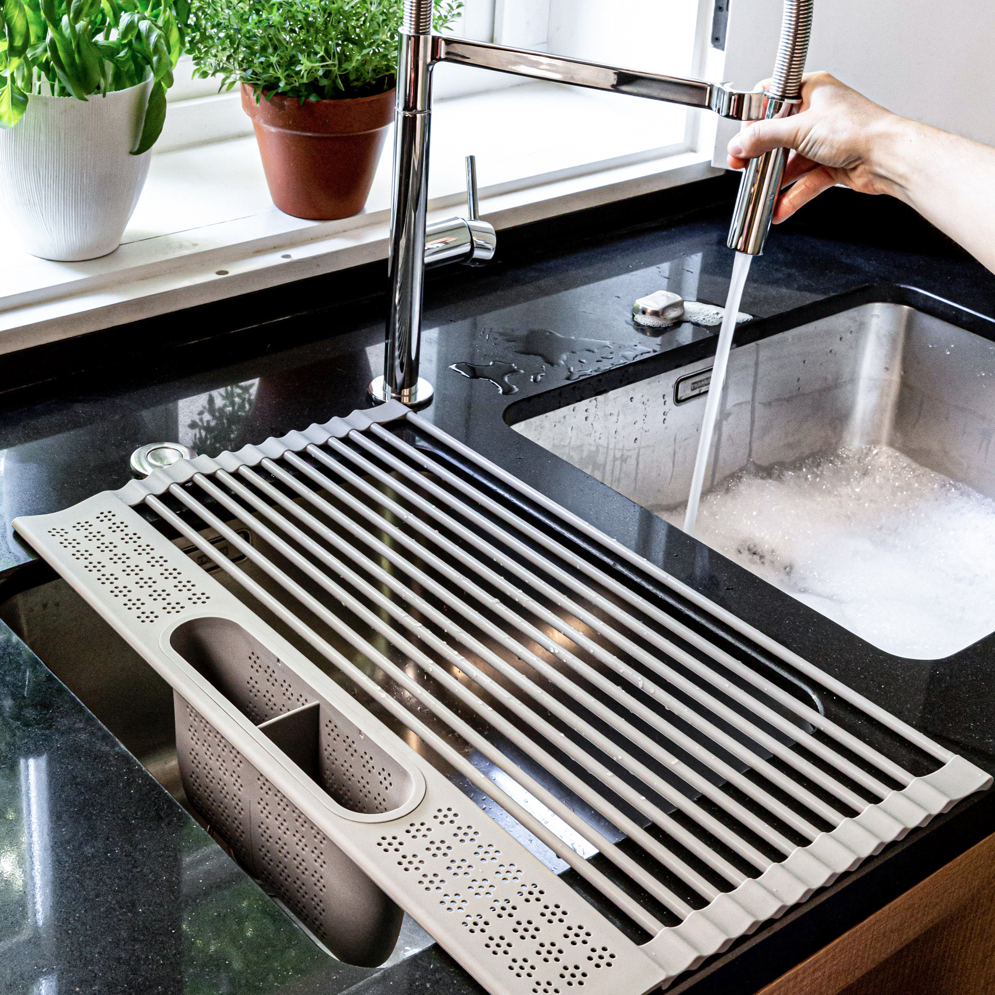 over&back Silicone Sink Drying Rack with Caddy - Foldable Kitchen Countertop Organizer - Fits Sponges, Rags, Dishes, and More