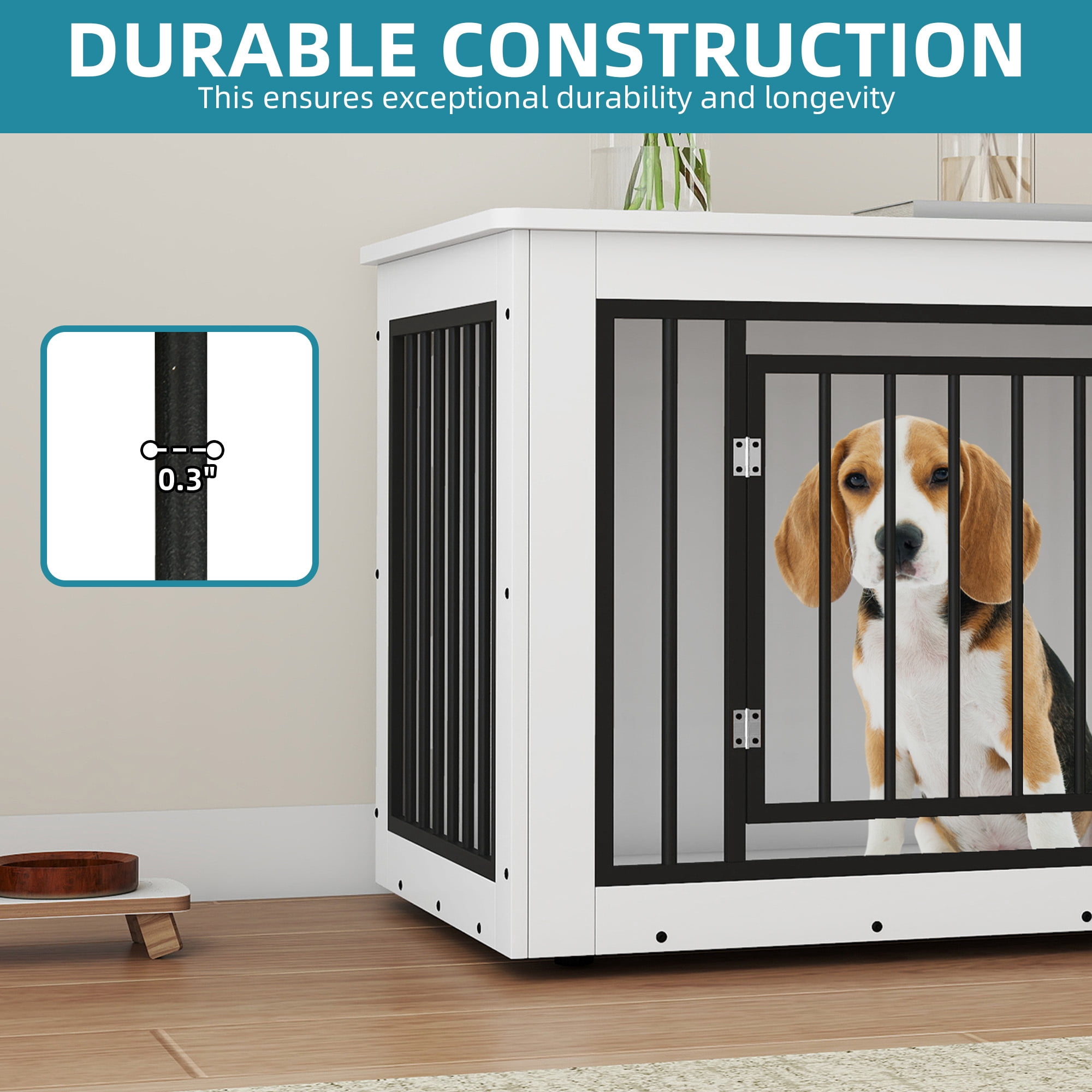 Uforic 38 Inch Wooden Dog Crate Table, Waterproof Top & Safe Round Edge, Multi-Purpose End Table Dog House for Medium Dogs, White