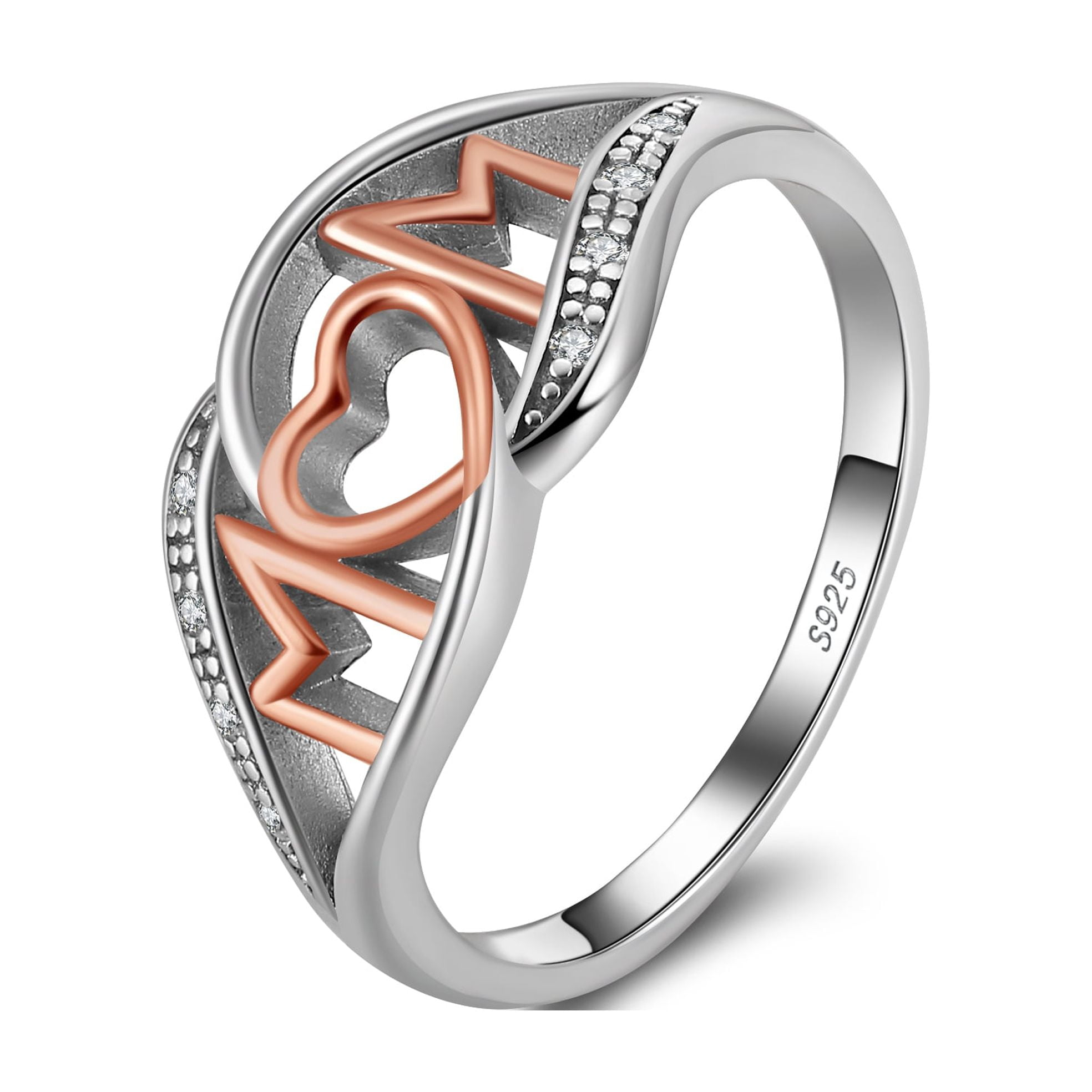 Mom Heart Ring White and Rose Gold Plated Sterling Silver Womens Ginger Lyne Collection