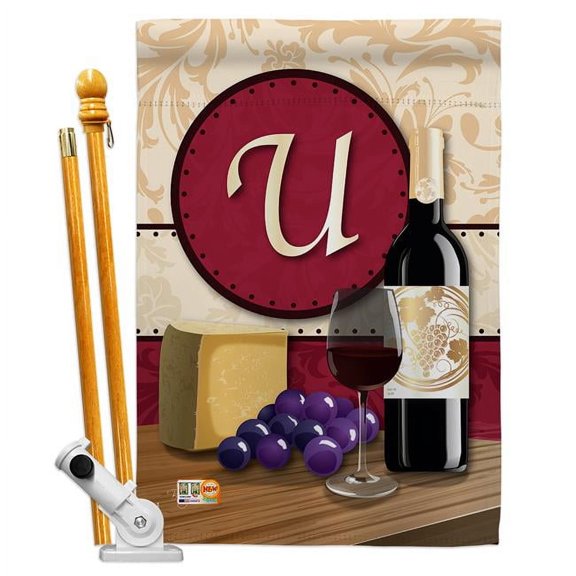 Breeze Decor BD-WI-HS-130229-IP-BO-D-US14-BD 28 x 40 in. Wine U Initial Happy Hour & Drinks Impressions Decorative Vertical Double Sided House Flag Set with Pole Bracket Hardware