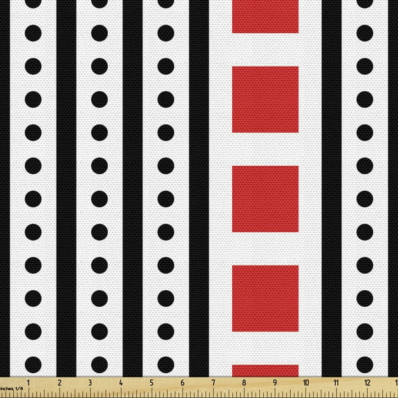 Geometric Sofa Upholstery Fabric by the Yard, Modern Simplistic Vertical Stripes with Squares and Dots, Decorative Fabric for DIY Home Accents, 10 Yards, Vermilion White by Ambesonne