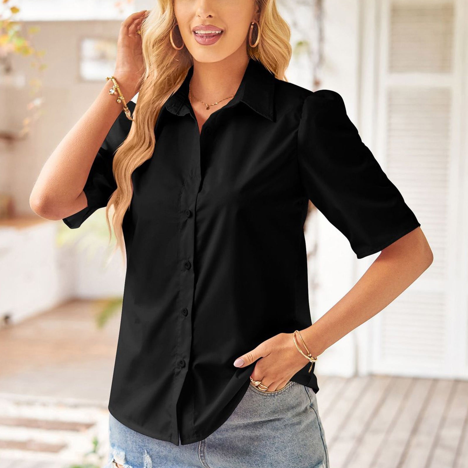 YYDGH Womens Short Sleeve Button DownShirts V Neck Collared Work Office  Shirt Tops Black XL 