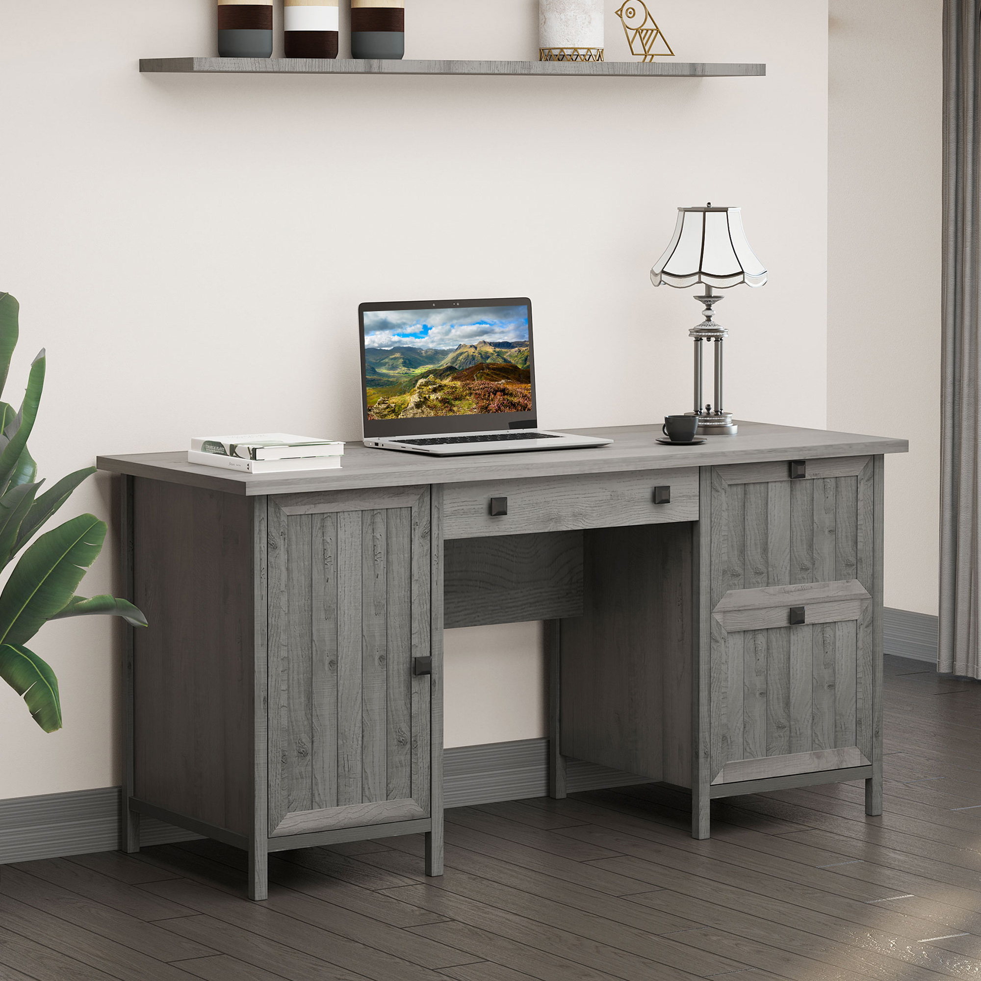 HOMCOM Vintage Executive Computer Desk, Home Office Work station, Student Table with Cabinet & 3 Drawers for Hanging Files, gray