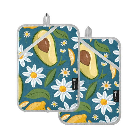 Pot Holders Set of 2 Heat Resistant 338ā Kitchen Oven Gloves Potholder Cooking Baking Microwave Mitts Lemon Daisy Flowers Avocado