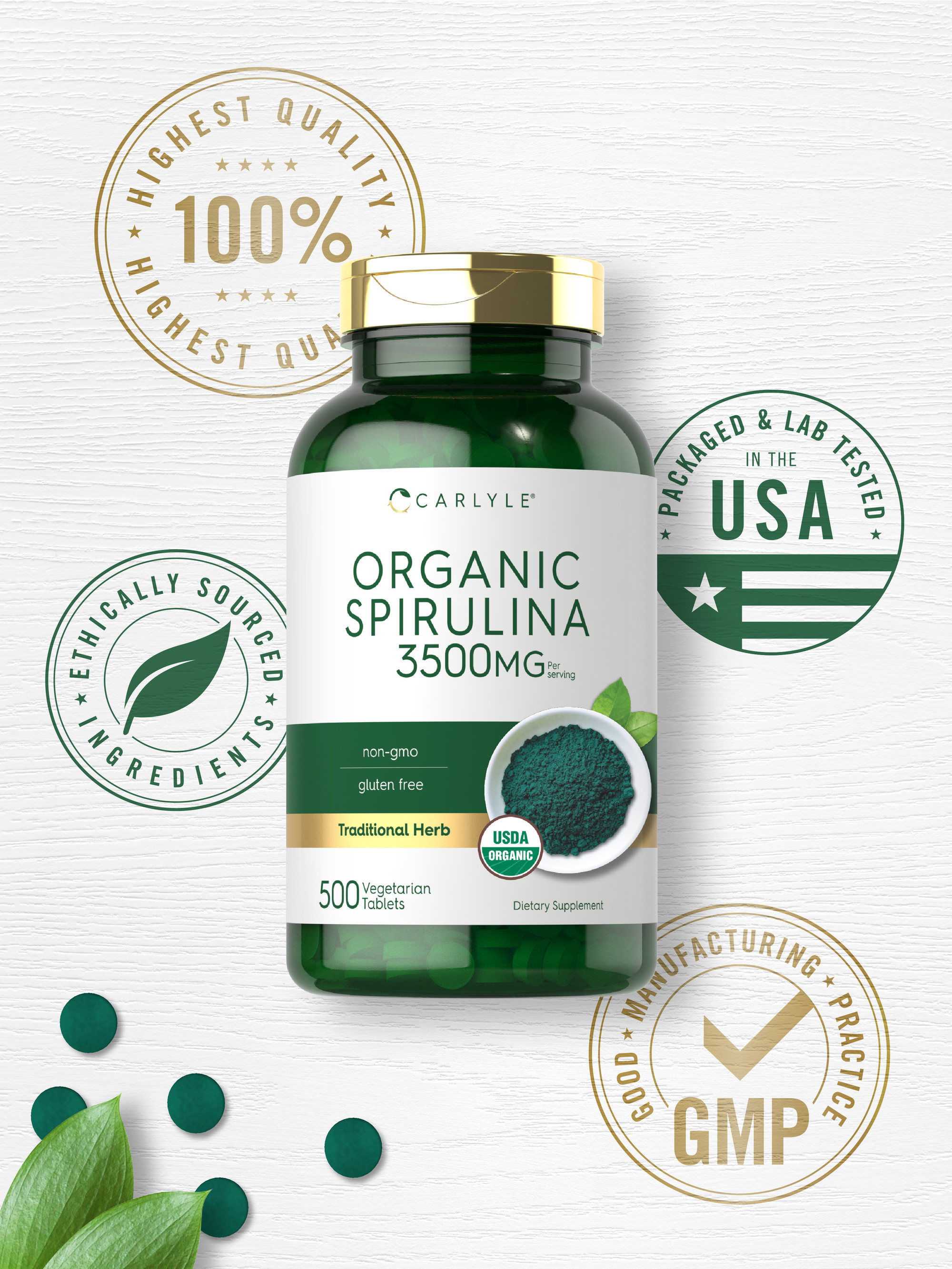 Organic Spirulina Capsules 3500mg | 500 Tablets | Non-GMO & Gluten Free | By Carlyle