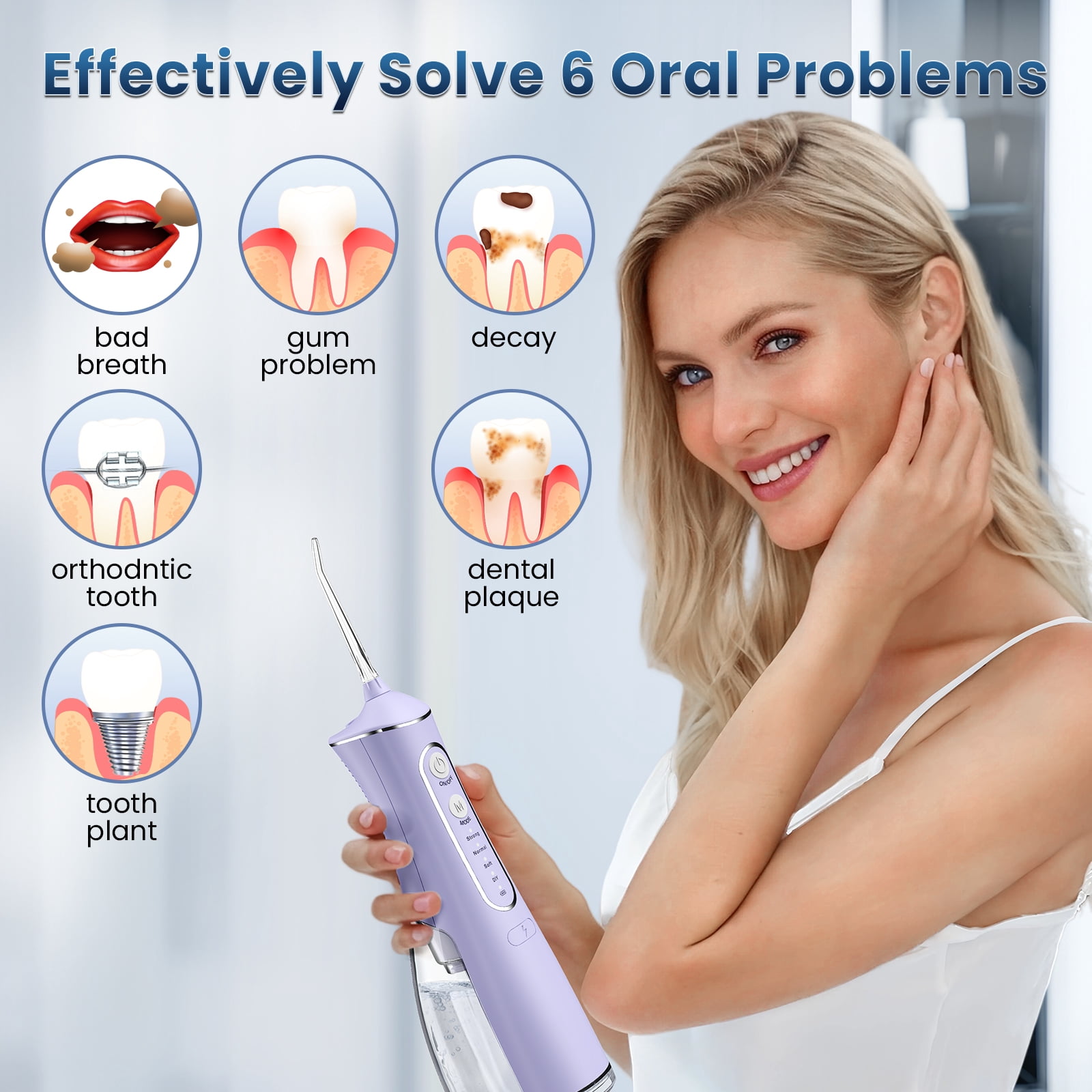 OasiSmile Water Flosser for Teeth Cleaning, Portable Cordless Dental Floss 300ML Rechargeable Oral Irrigator with 5 Jet Tips for Home Travel Office, Purple