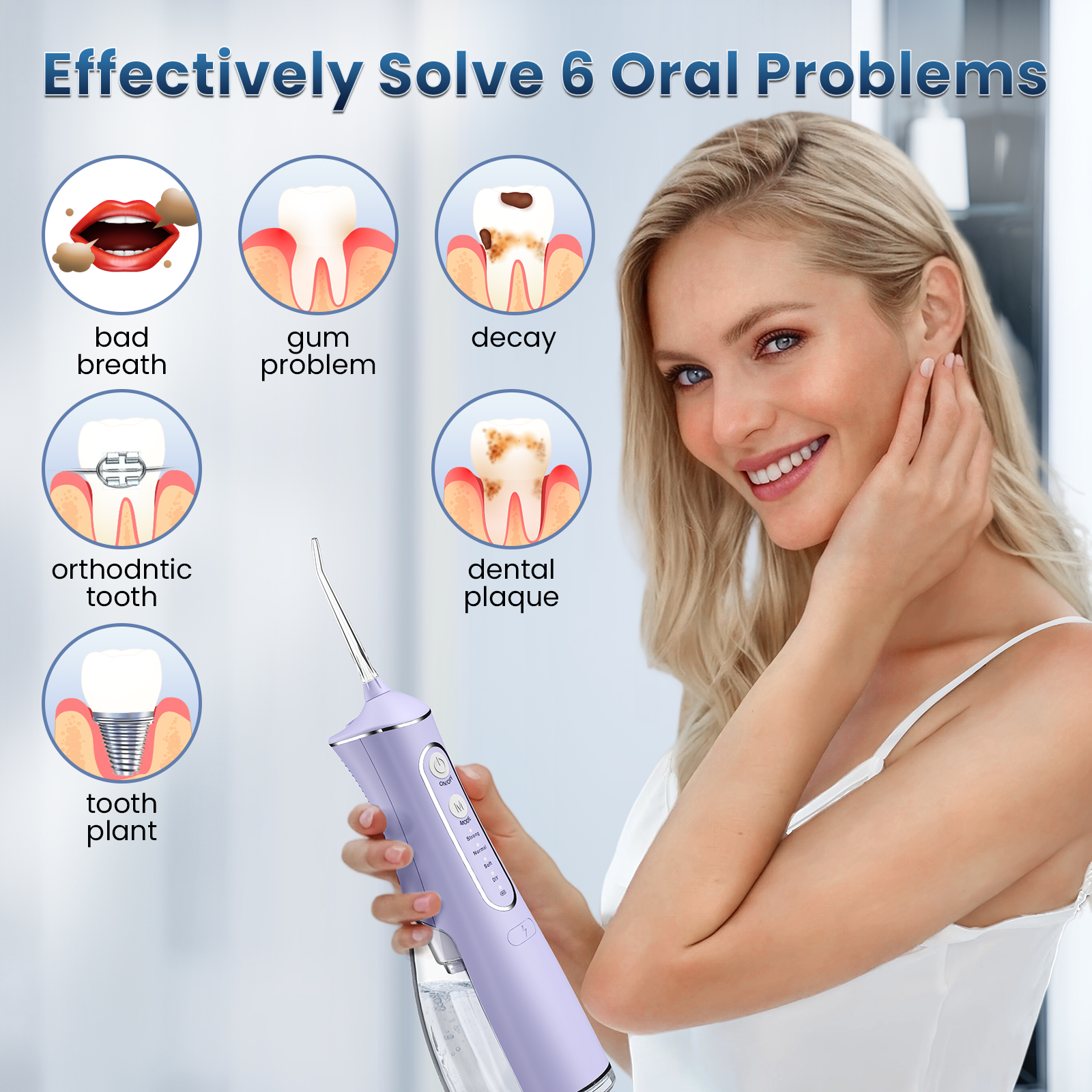 OasiSmile Irrigador Dental para Limpieza Dental, Irrigador Oral Inalámbrico Portátil Recargable de 300ml con 5 Puntas para Hogar, Viajes y Oficina, Púrpura 6