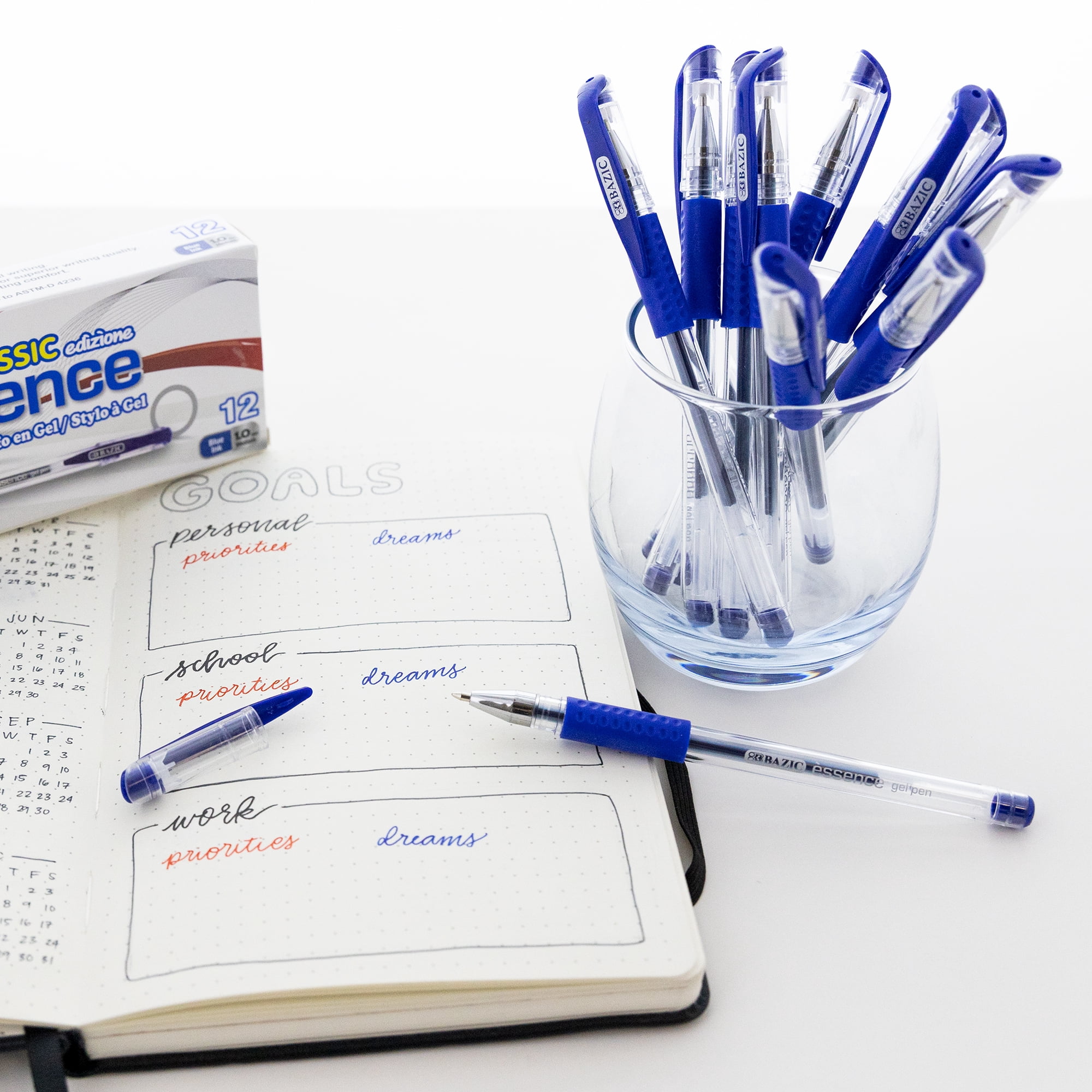 BAZIC Essence Gel Pen, Medium Point 1.0mm Blue Pen, Comfort Grip, 12 Count, 4-Packs
