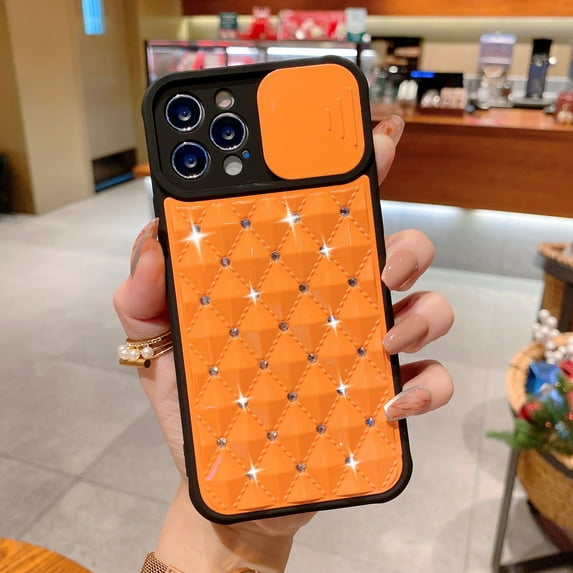 for iPhone 12 Pro Case, iPhone 12 Pro Case 6.1 Inch Slide Camera Lens Protection Cover Slim Design Shockproof Soft TPU Bumper Hard PC Back Cover Diamond Glitter Rhinestones Lovely for Girls,Orange