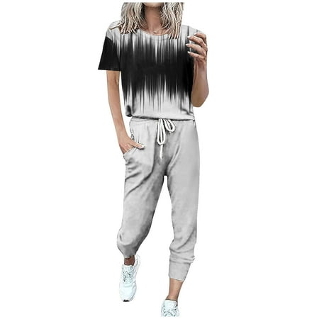 YEYLANERS Womens Two Piece Travel Jogger Sets Summer 2 Piece Outfits for Women Fashion 2024 Tracksuit Casual Short Sleeve Print Tops and Drawstring Pants Loungewear Set White L