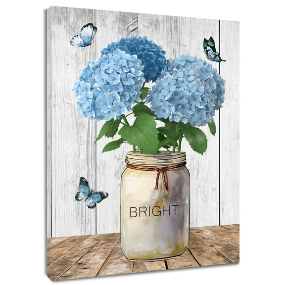 Vintage Floral Wall Art Blue Hydrangea Flower with Butterfly in Retro Vase Canvas Wall Art Modern Farmehouse Framed Wall Art for Living Room Bedroom Bathroom Home Decor Ready to Hang,12x12 Inches