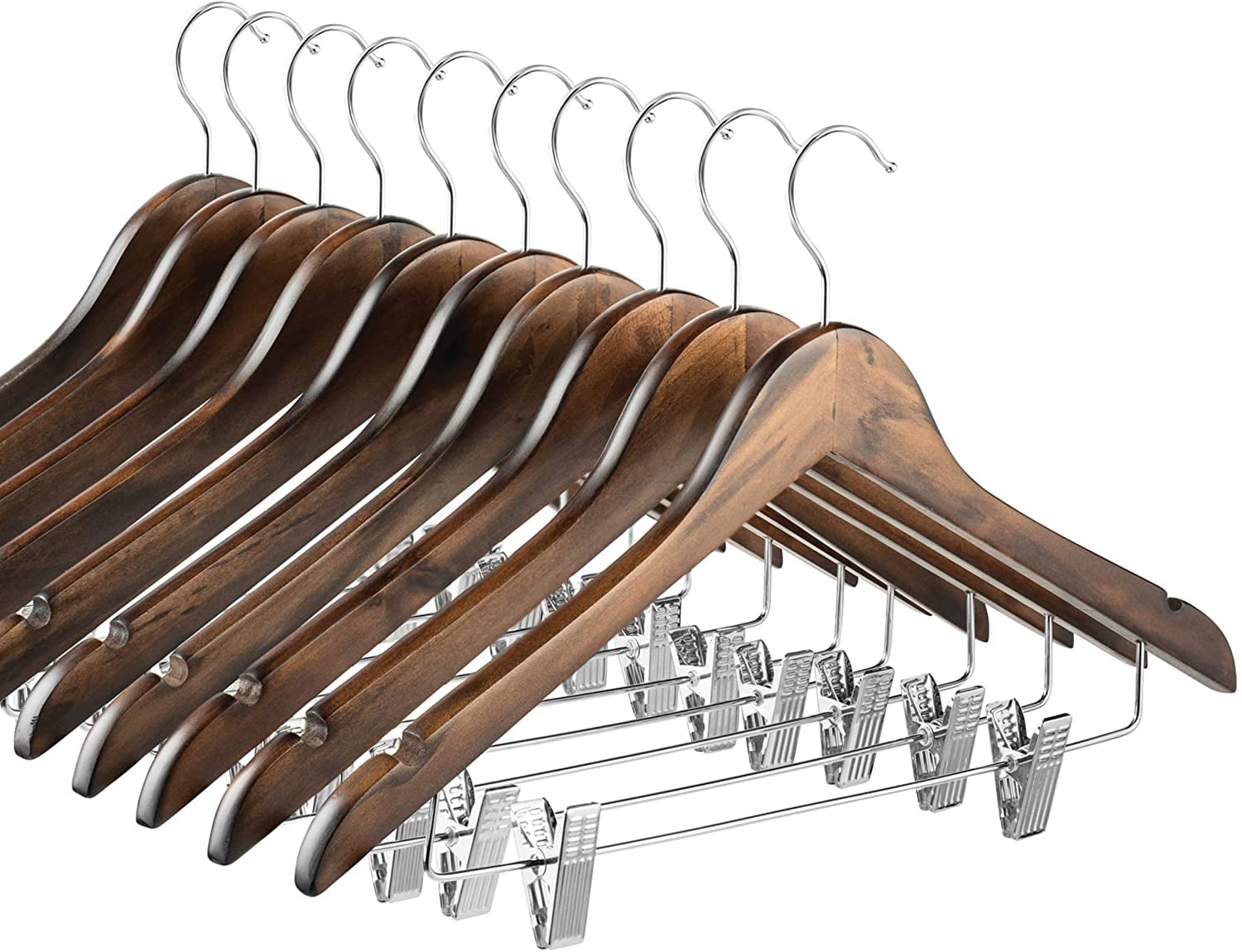 Shoulder Notches for Dress Coat 10 Pack 360° Swivel Hook Blouse Smooth Solid Wood Pants Hangers with Durable Adjustable Metal Clips High-Grade Wooden Suit Hangers Skirt Hangers with Clips Jacket 