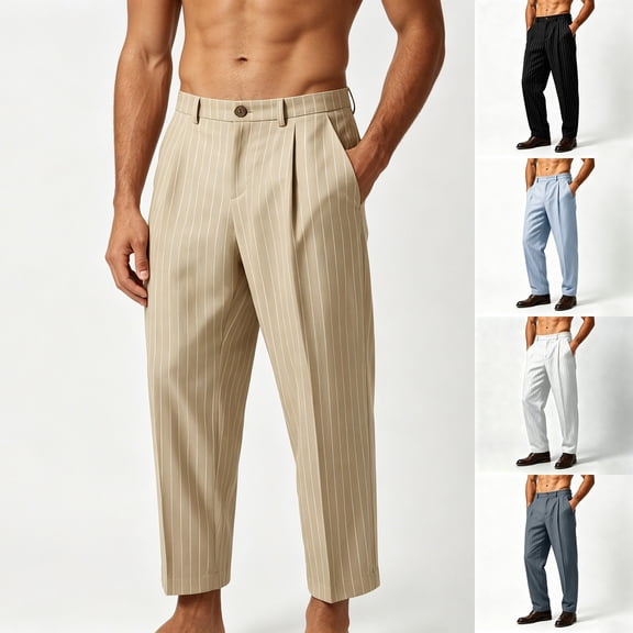 Men's Wide Leg Dress Pants Striped Baggy Pleated Casual Cotton Golf Trousers Relaxed Fit Elastic Waist Business Work Travel Slacks Size 3XL Khaki