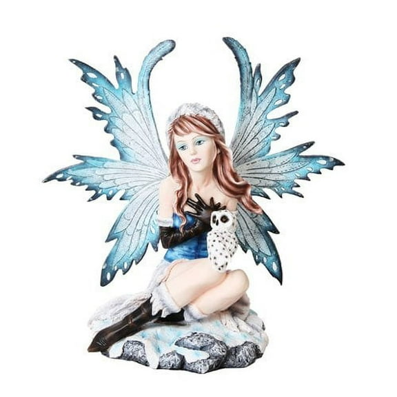 12.75 Inch Blue Ice Winged Fairy with White Owl Statue Figurine
