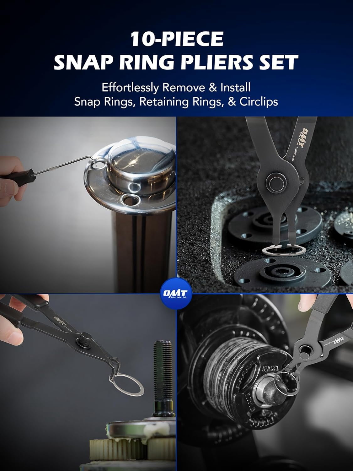 10pc Snap Ring Set, Internal & External Circlip With Bent & Straight , Hook Pick, Heavy Duty Snap Ring and Circlip Removal Tool with Storage Case & Gloves
