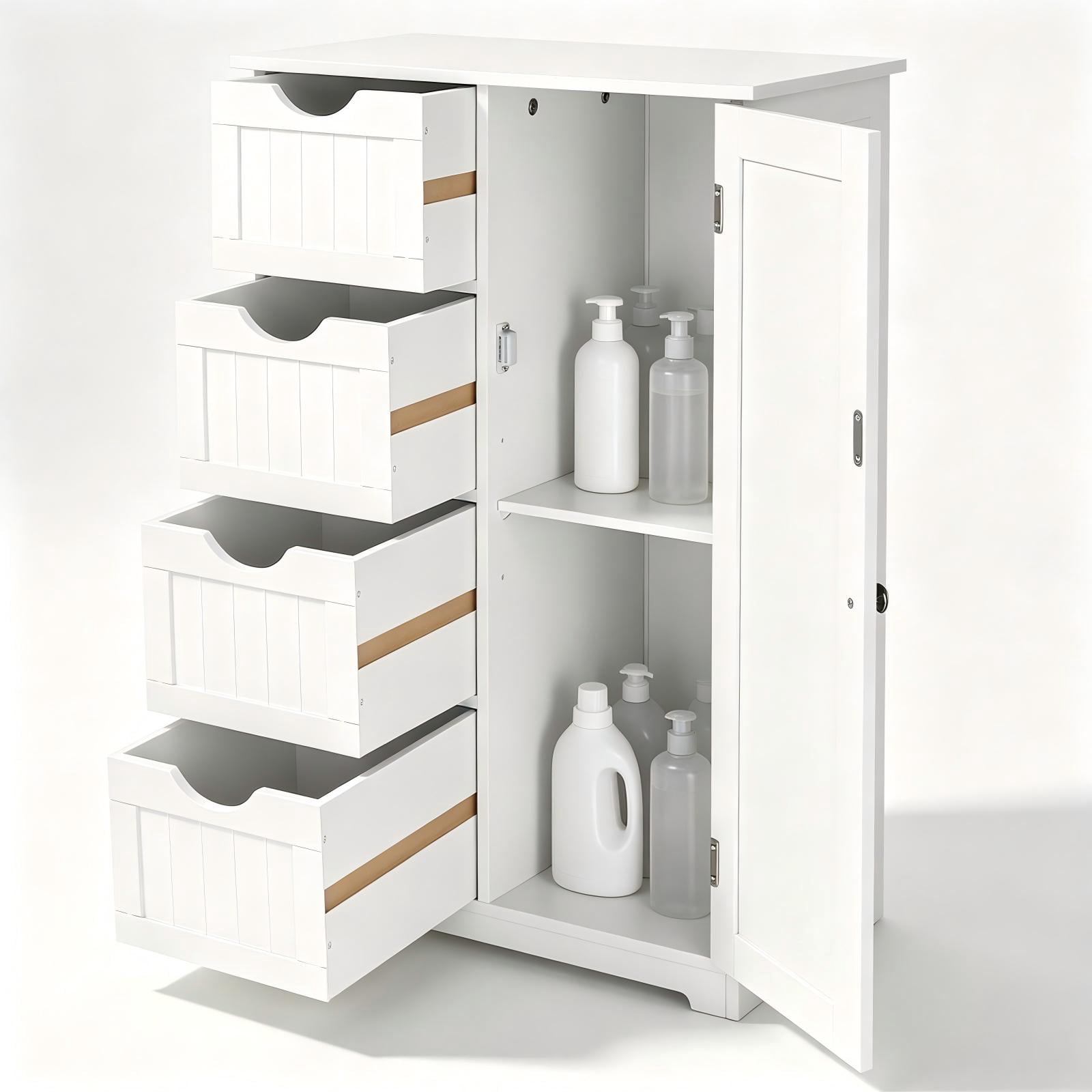 Bathroom Storage Cabinet with 4 Drawers and Single Door, MDF Freestanding Floor Cabinet, Space-Saving Organizer for Bathroom or Any Room