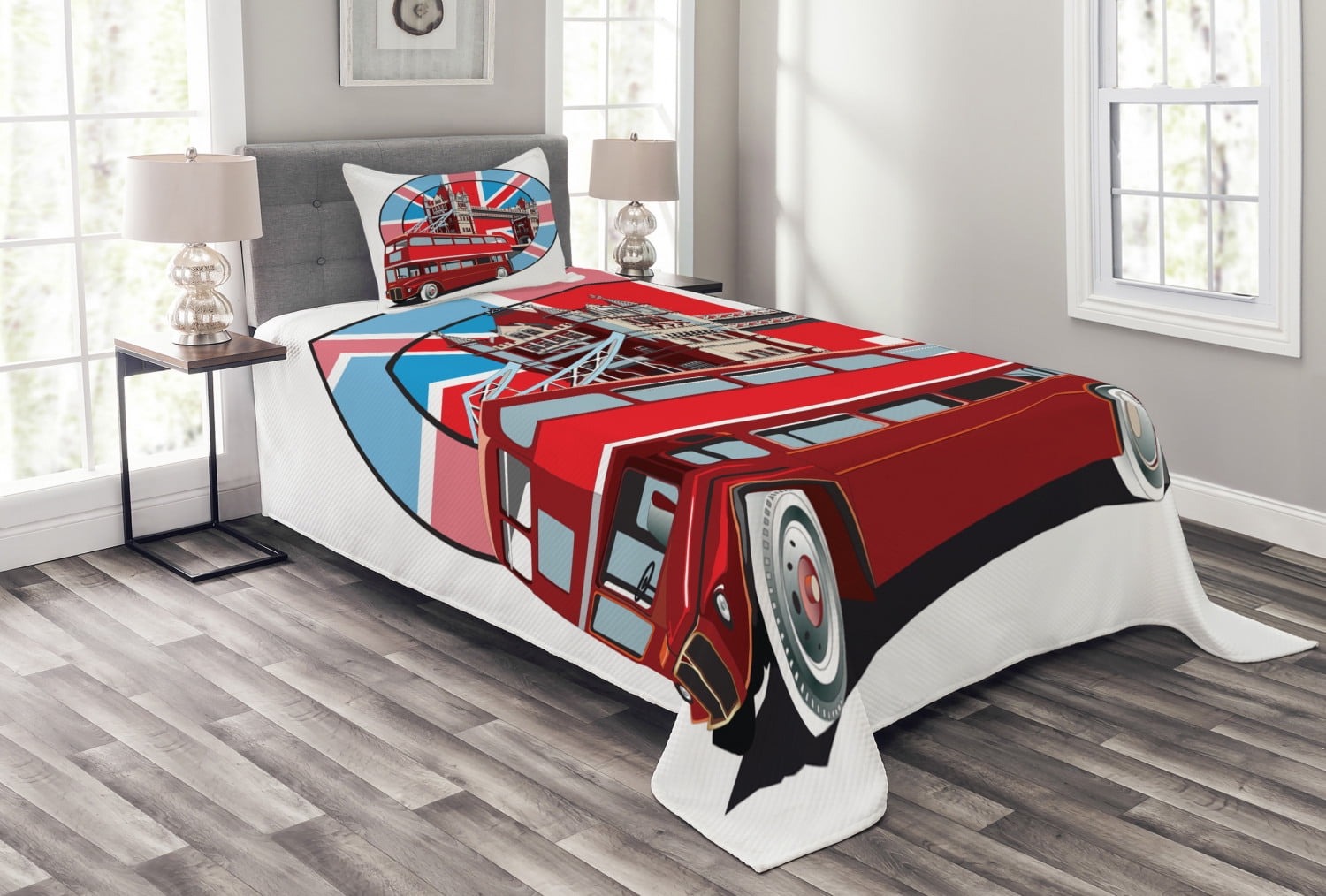 London Bedspread Set Twin Size, British Flag Metropol City Symbol of