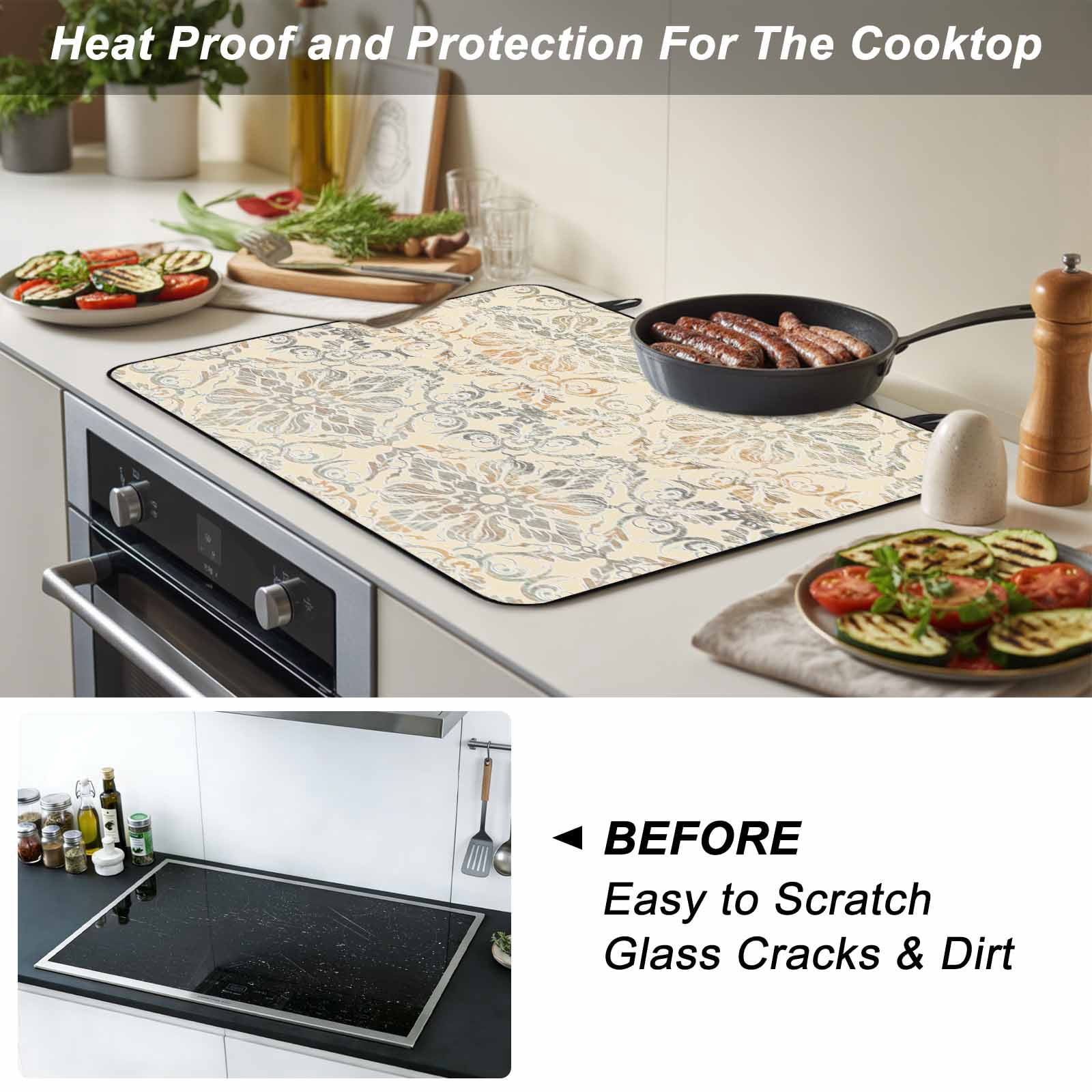 Bohemian Floral, Stove Top Cover for Electric Stove, Heat-proof & Non Slip Glass Top Stove Cover Protector, Vintage Gradient European Line Kitchen Flat Cooktop Rubber Mat 24x21 Inches