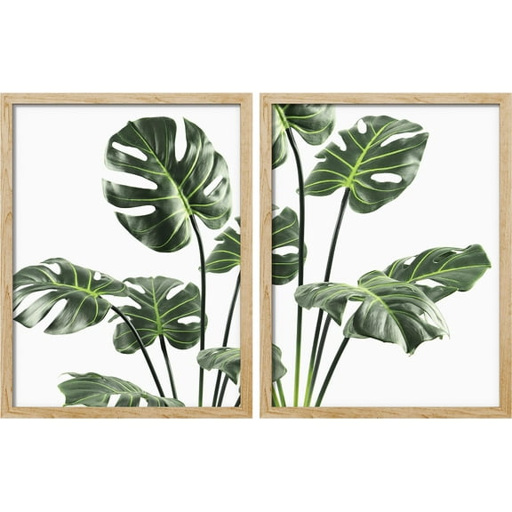 PixonSign Framed Wall Art Tropical Palm Monstera Jungle Plants Posters, Set of 2 Floral Botanical Nature Illustrations Wall Decor, Adhesive Canvas Prints for Home Decor - 11"x14" Natural