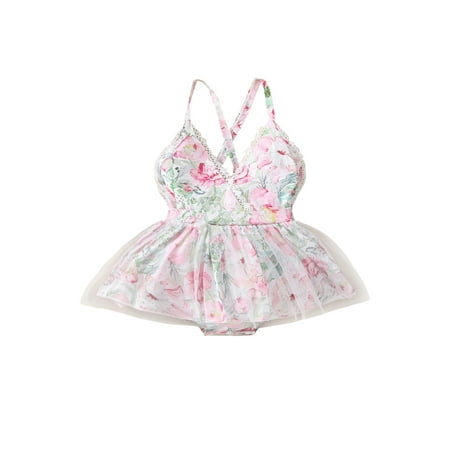 

Suanret Infant Baby Girl Floral Romper Sleeveless V-Neck Lace Mesh High Waist Short Bodysuit Pink 3-6 Months