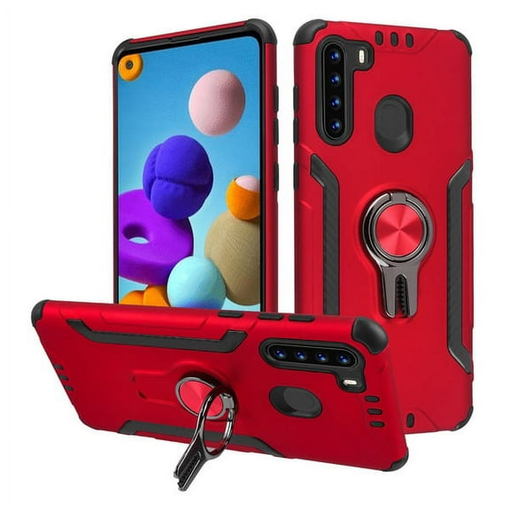 Samsung Galaxy A21 Phone Case Ring Stand Hybrid Rugged Heavy Duty Armor Rubber TPU 2 layers with Car Air Vent Grip Mount Rotation Magnetic Ring Stand Holder [RED] Cover for Samsung Galaxy A21 (2020)