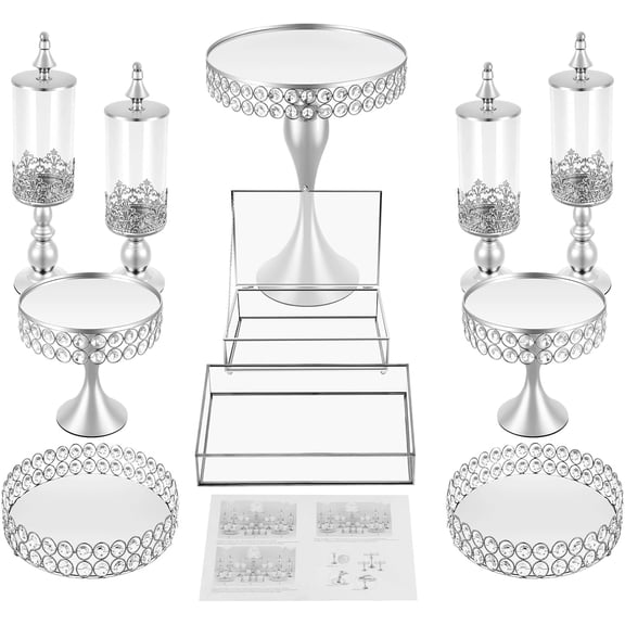 11 Pcs Silver Cake Stand Set, Acrylic Glass Crystal Dessert Table Display Set with Base, Modern Luxury Cupcake Display Trays & Sugar Bowls for Wedding Birthday Baby Shower Anniversary Celebration