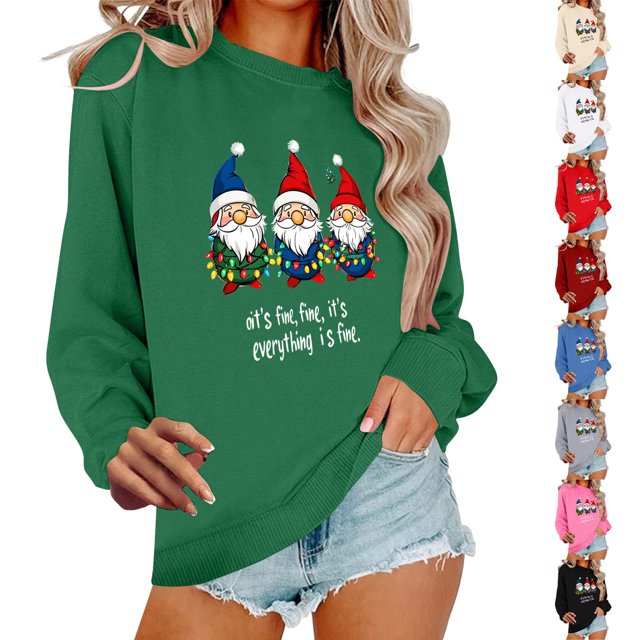 Meichang Chandails en Molleton de Noël pour Femmes Imprimé Mignon de Noël Manches Longues Col Rond Chandail Décontracté Automne Hiver