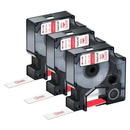 NineLeaf 3PK Compatible for DYMO D1 45012 1/2" x 23' (12mm x 7m) Red on Clear Label Maker Tape for Label Manager 100 120P 160 210D