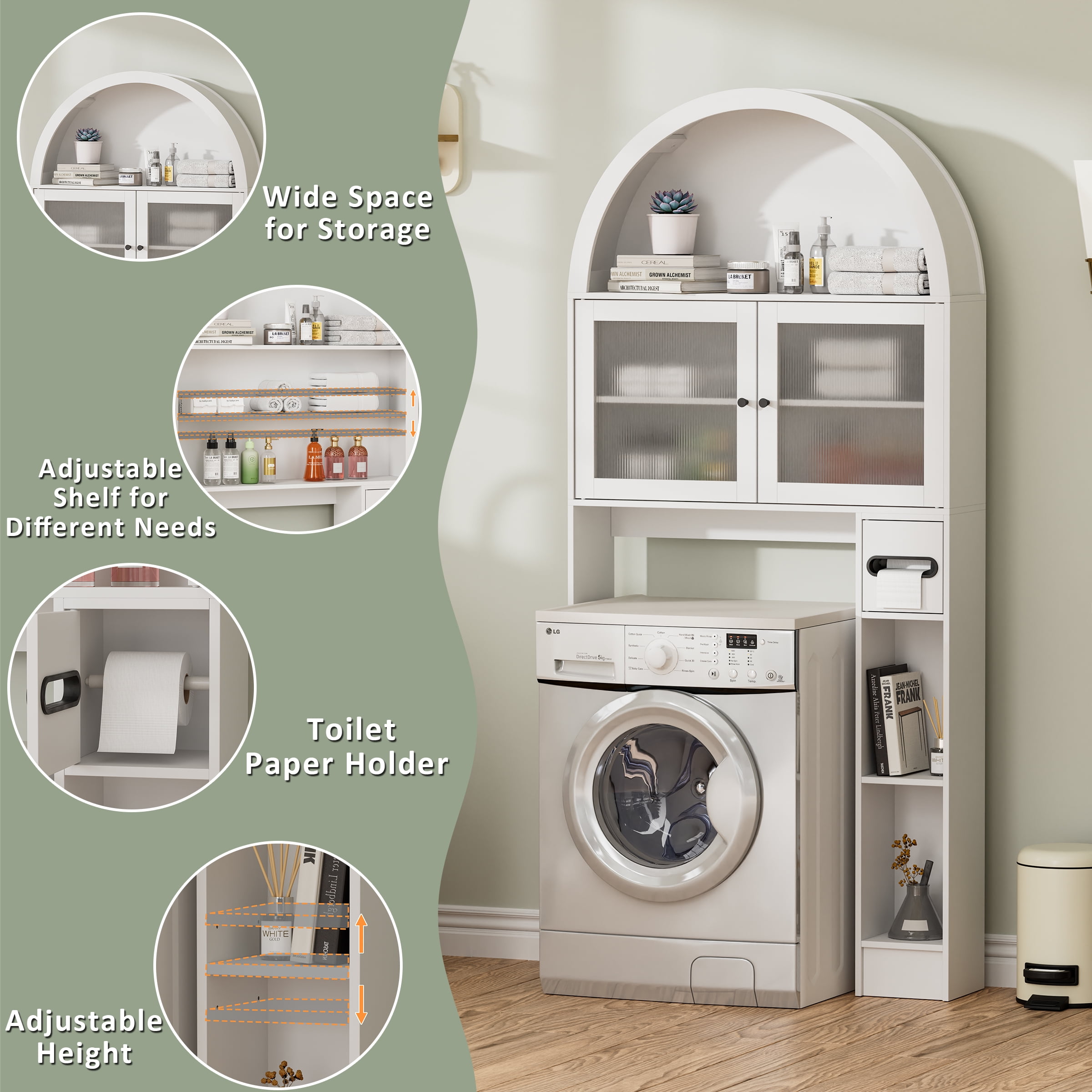 Over The Toilet Storage Cabinet, Over Toilet Cabinet 3-Tier Adjustable Shelves with Acrylic Doors, Freestanding Bathroom Organizer for Toiletries & Towels, Modern Arched Design White