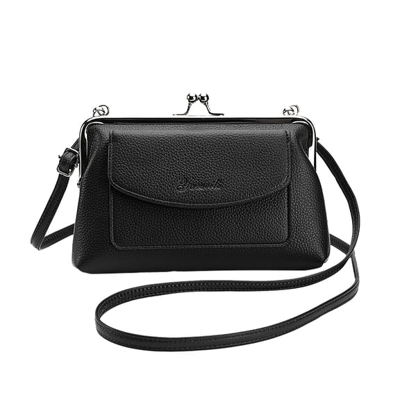 Faraee Women Small Shoulder Handbags Kiss Lock Crossbody Purse Leather Messenger Tote Evening Bags Black