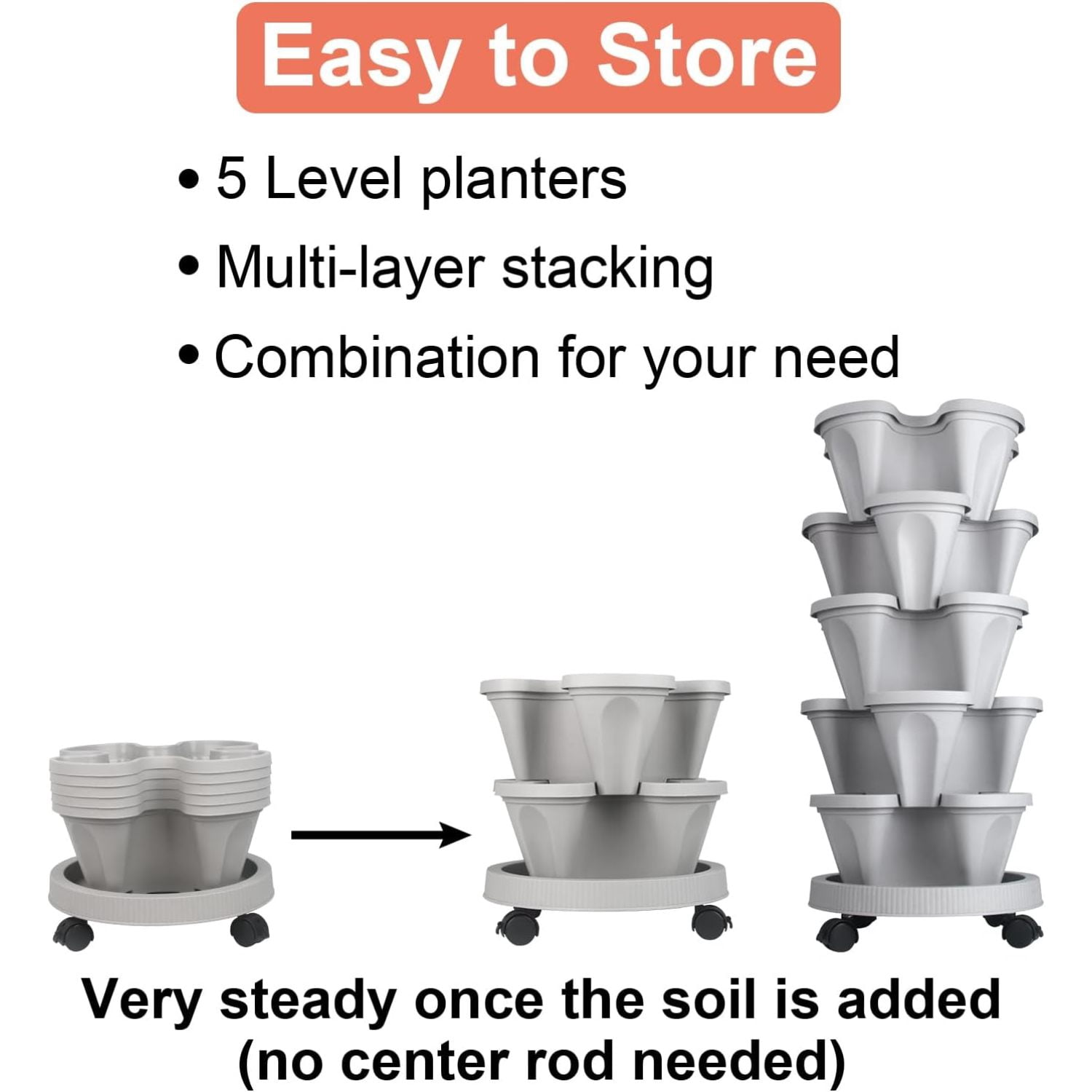 Vertical Planter 5 Tier Stackable Planters Garden Planters Strawberry Herb Flower and Vegetable Planter Indoor Outdoor Gardening Pots with Removable Wheels and Tools