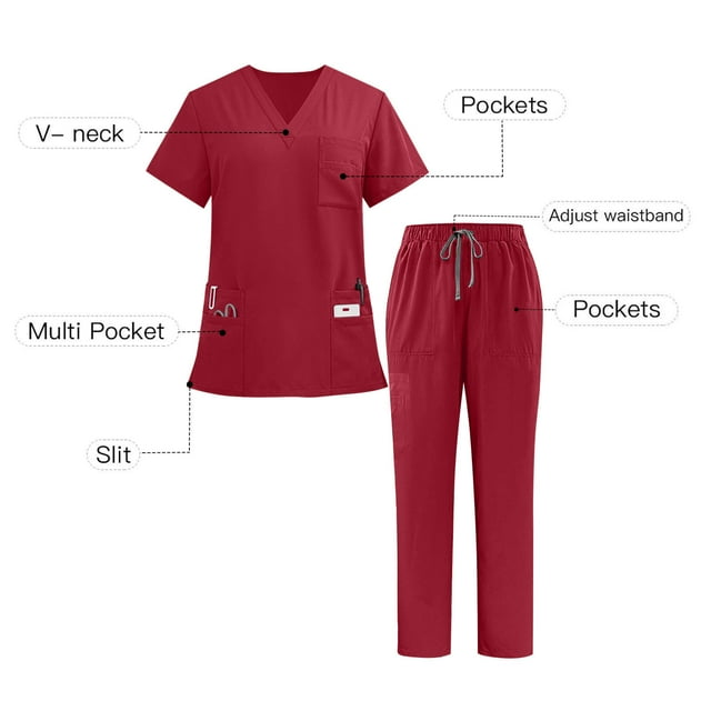 Xfvqtps Ensemble de Sarraus pour Femmes, Haut de Sarrau à Col en V Extensible et Pantalon Jogger à Taille Élastique avec Multiples Poches, Anti-Froissement, Doux, Ensemble d'Uniforme d'Infirmière à Manches Courtes, Ensemble d'Uniforme de Travail, Rouge