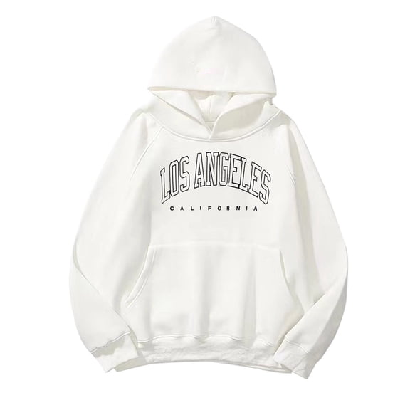 Womens Graphic Hoodies Trendy Loose Fit Los Angeles Letter Printed Hooded Sweatshirts Causal Long Sleeve Pullovers Fall V Neck Tops Jacket with Pockets White 0803*sweatshirts XL