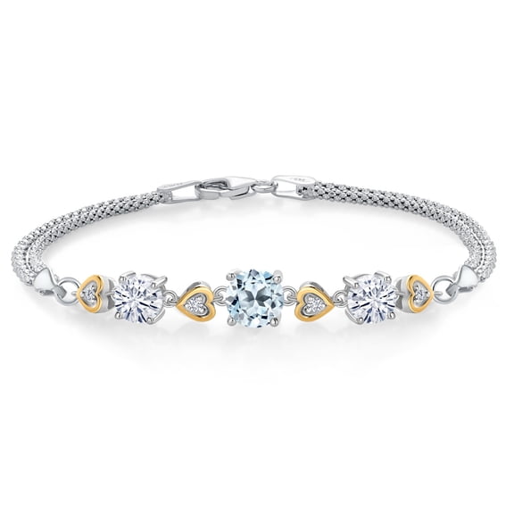 Gem Stone King 925 Sterling Silver and 10k Yellow Gold Sky Blue Topaz White Moissanite and White Lab Grown Diamond Bracelet for Women (3.38 Cttw, Round 7MM and 6MM, 6.5/7/7.5 inch, Made in Italy)