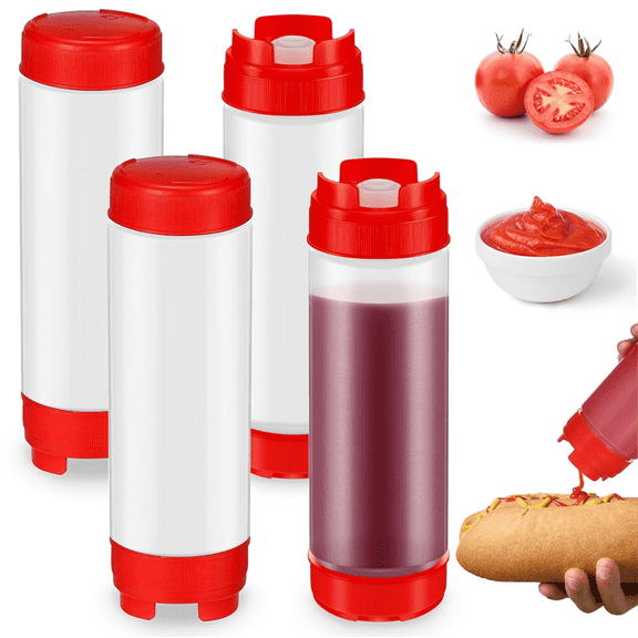 Vruelia 4Pcs Squeeze Bottles Refillable 20 Oz,Inverted Plastic Tip Large Valve Dispenser Condiment Bottle