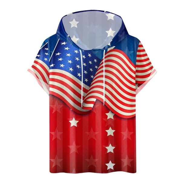 Hombres Pantalones Cortos Sudadera de Manga Corta con Capucha Casual con Impresión Del Día de la Independencia, Cuello Redondo de la Moda para el Uso Diario