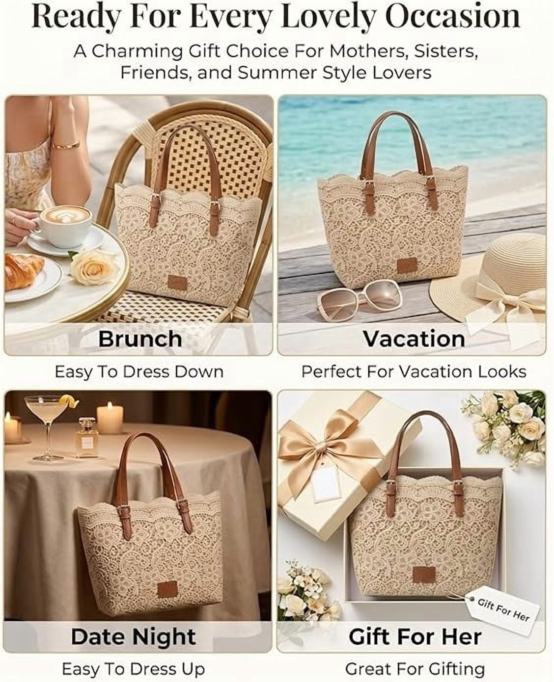 TripleHBB Vintage Lace Kiss Lock Shoulder Bag Summer Straw Handbags for Women,2026 Crochet Kiss Lock Aesthetic Cute Large Tote Purses,Stylish Functional Women's Handbag