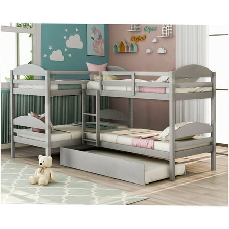JERFIT L-Shaped Bunk bed with Trundle-Gray
