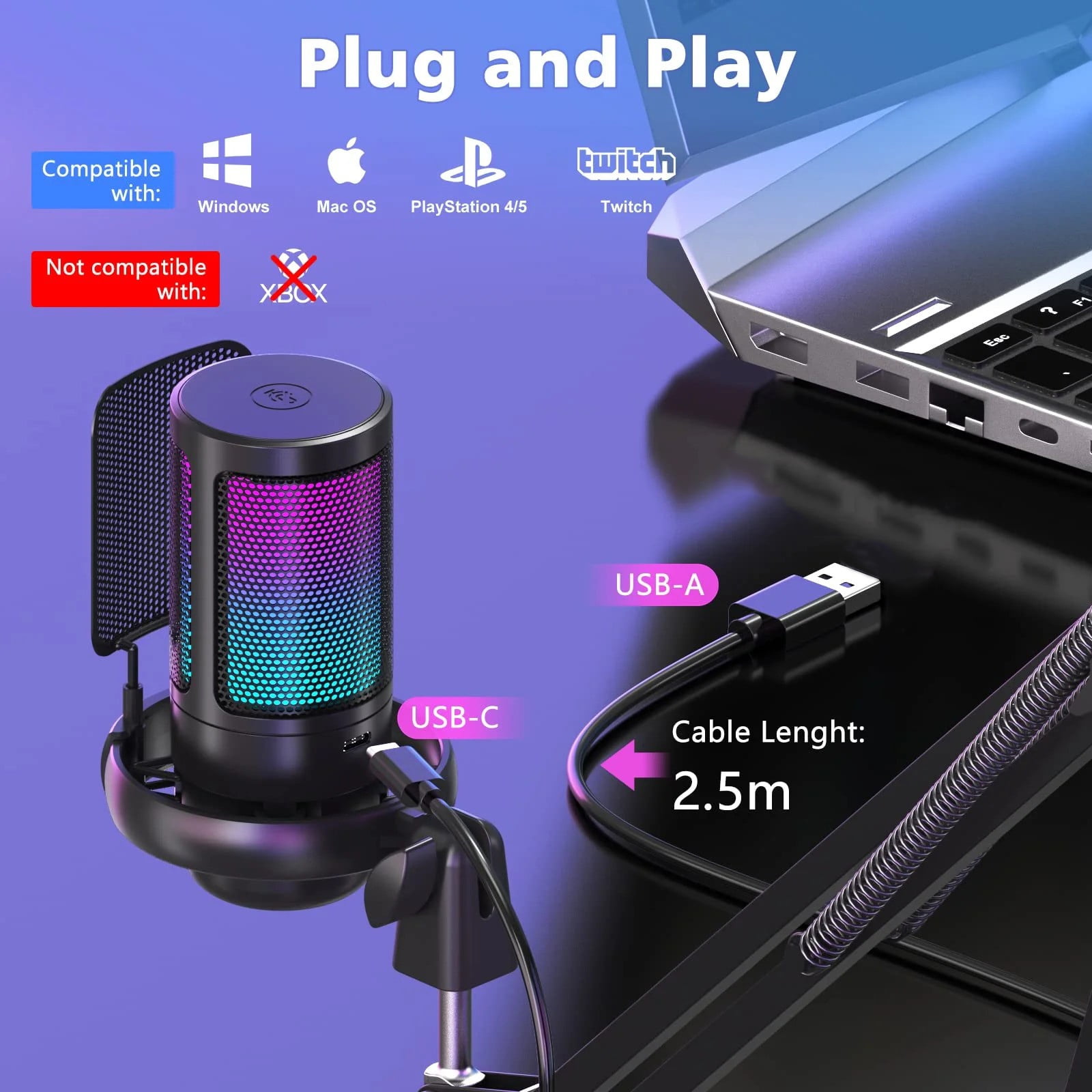 Gaming USB Microphone,Noise Cancellation Condenser mic with Touch Mute,Gain,Monitoring,Boom Arm for Streaming,Podcast,Twitch,YouTube,Discord,iPhone,iPad,PC,Computer,PS4,PS5,Mac,GamerWave