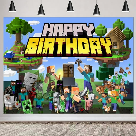 7x5 Ft Pixel Birthday Backdrop, Large Pixel Miner Theme Party Decorations for Birthday Photoshoot Background Screen Video