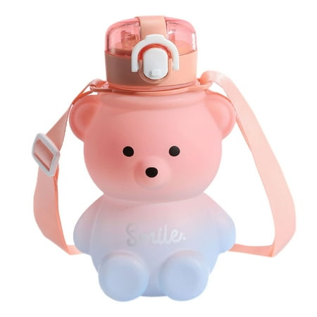 

Kawaii Bear Plastic Water Bottle With Straw Shoulder Strap Cute Kids Bottles