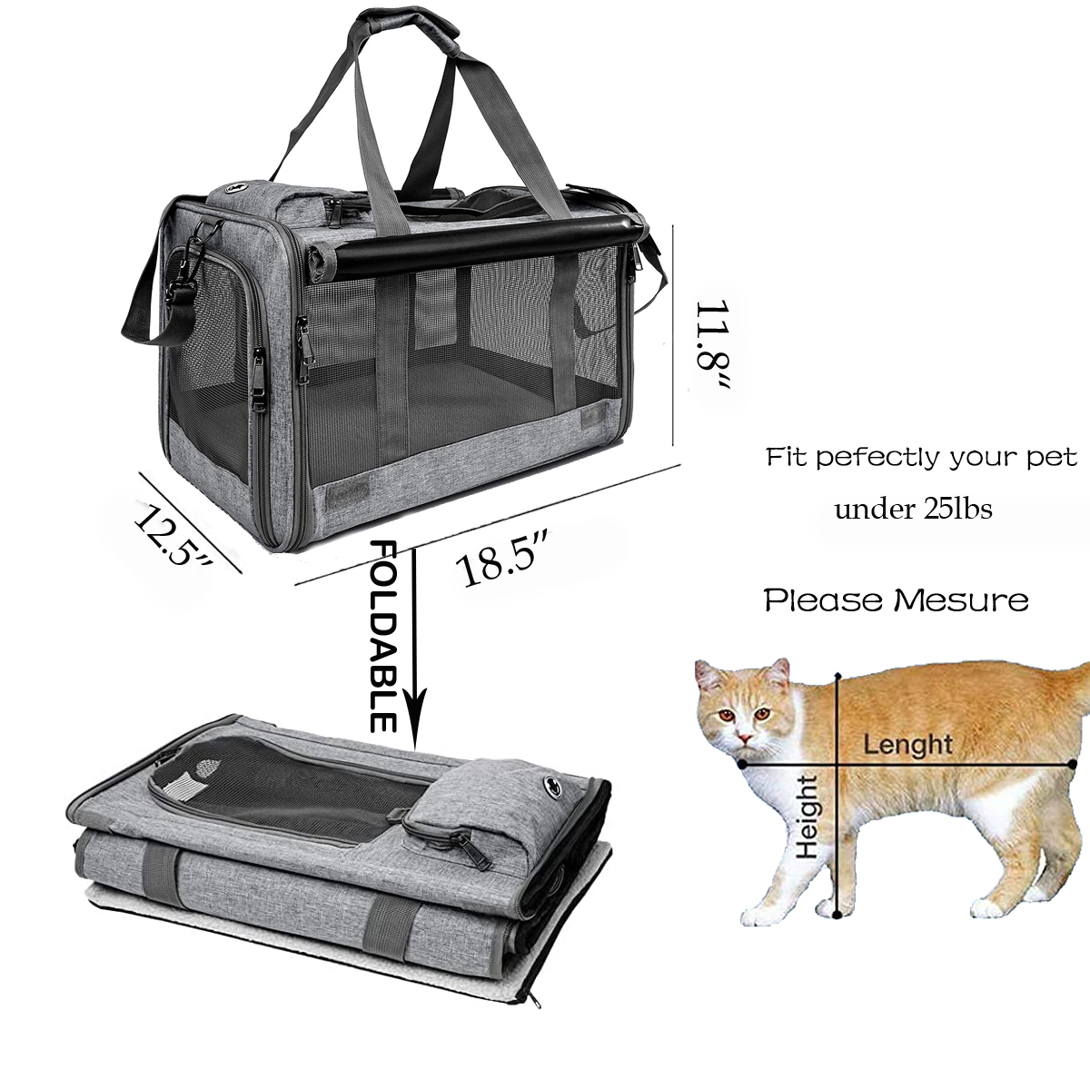 Cshidworld Cat Carrier, Large Soft-Sided, 25 lb, Gray photo 6