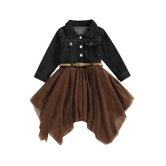 SUNSIOM Kid Girl Tulle Denim Patchwork Dress, Long Sleeve Lapel Button Irregular Hem A-Line Dress