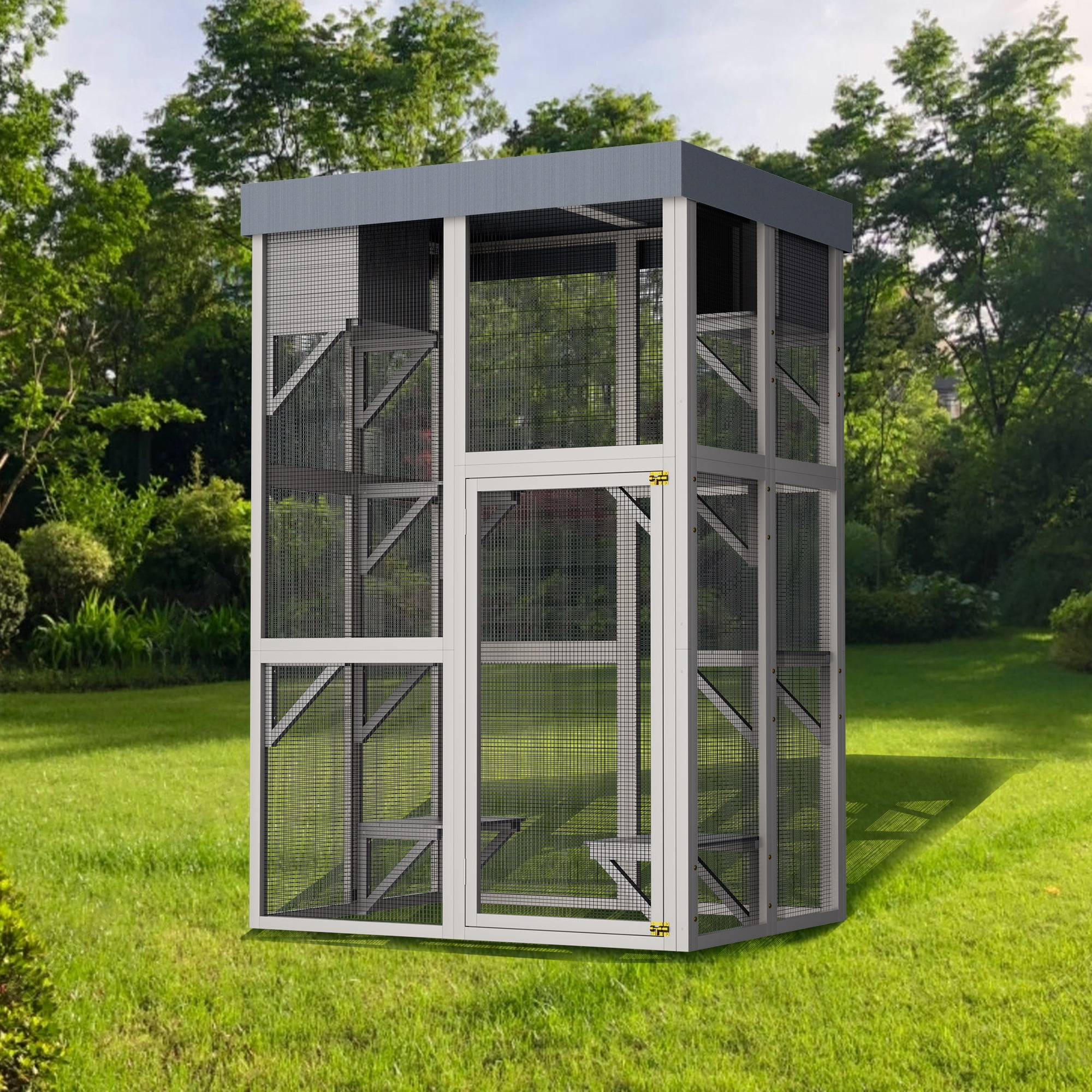 Seizeen 70’’H Catio for Outdoor, Solid Wood Cat House Enclosure, Indoor Pet Cage w/6 Jumping Platforms & 2 Napping Houses, Weatherproof Roof