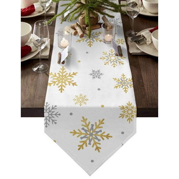 Table Runner Dresser Scarves Merry Christmas Gold Gray Snowflake Cotton Linen Burlap Table Cover Winter Snow on White Table Runners for Family Kitchen Dining Holiday Party Banquet Decor