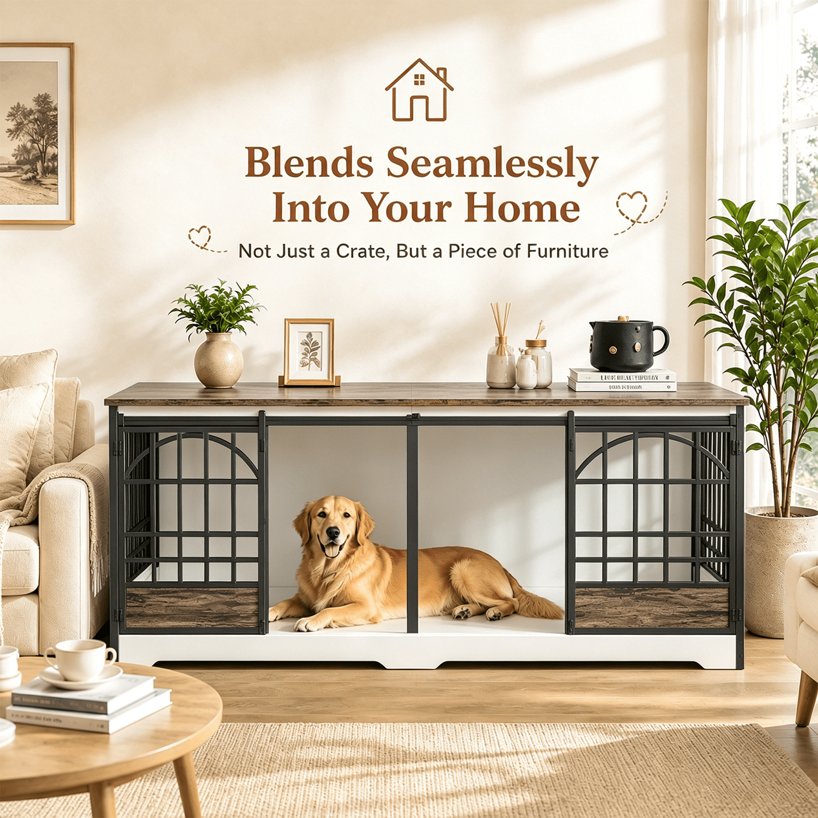 Fowroa 78 inch Extra Large Double Dog Crate Furniture, Heavy Duty Indoor XXL Dog Kennel with Removable Divider, White