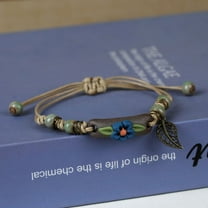 Adjustable Handmade Porcelain Flower Beads Beads Bracelets Alloy Leaf Charm Bracelets for Women Dark Sea Green 7-1/8 inch(18cm)