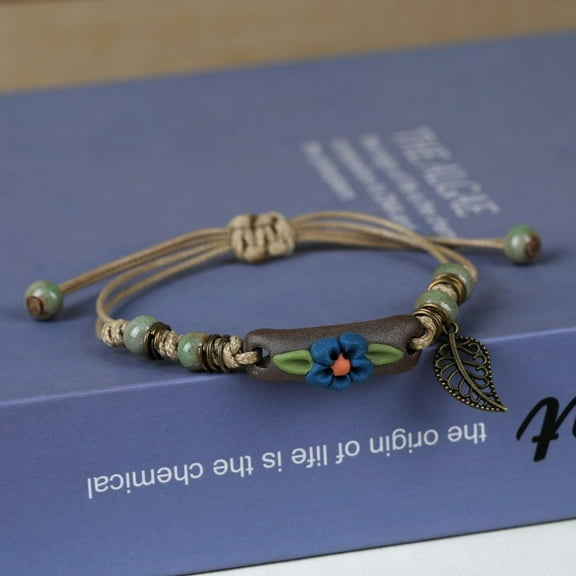 Adjustable Handmade Porcelain Flower Beads Beads Bracelets Alloy Leaf Charm Bracelets for Women Dark Sea Green 7-1/8 inch(18cm)